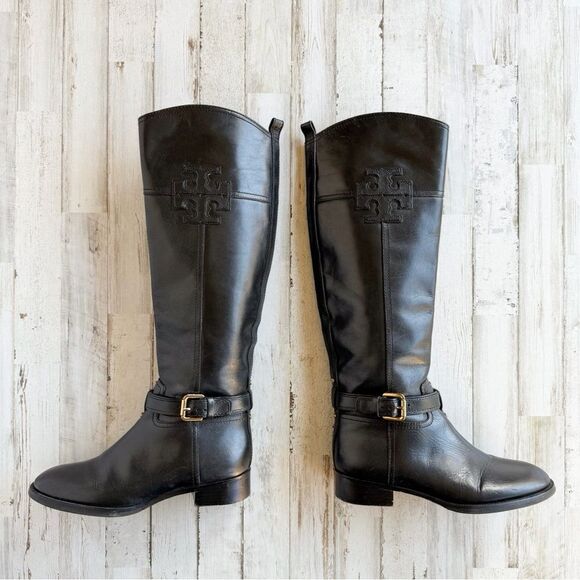 Tory Burch Blaire Tall Riding Boots Women’s Size 6 Black Leather Gold Hardware - Picture 1 of 16